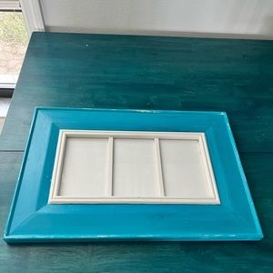 Shabby chic turquoise blue/white triple picture frame
